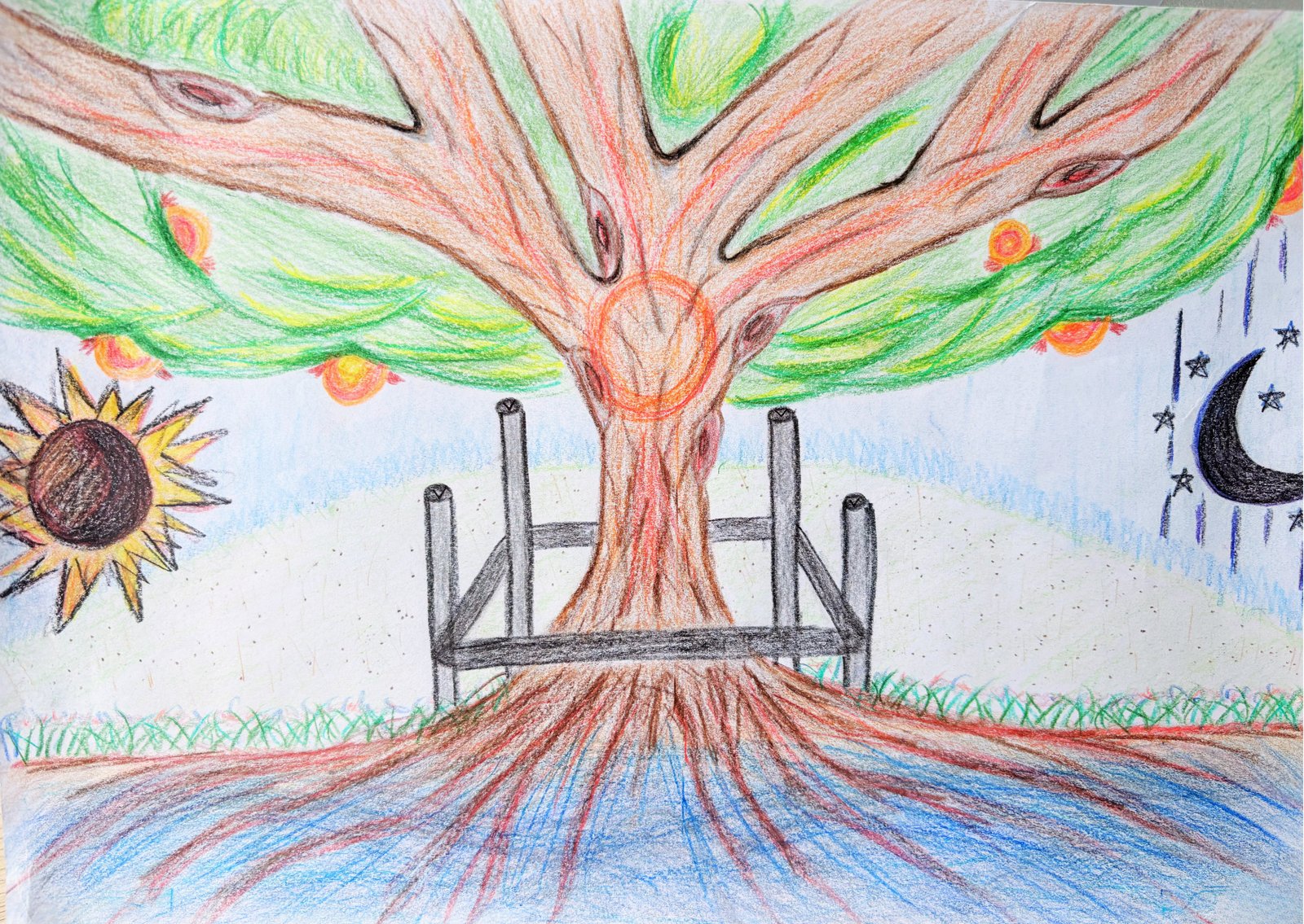 A hand-drawn tree with deep roots flowing into water, fruits in the canopy, a sun and moon