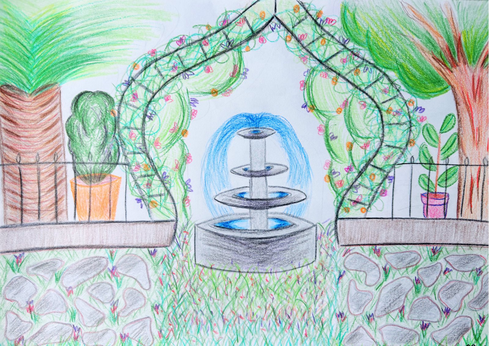 A hand-drawn garden with a fountain, flowering arch, and lush greenery